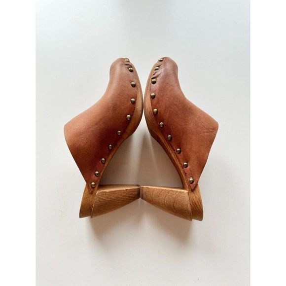 BOSABO Brown Leather Studded Wood Platform Heeled Clogs, Size 37 - Picture 11 of 15